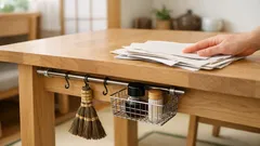 突っ張り棒でテーブル下収納を作ると、ダイニングの散らかりが一気に減る